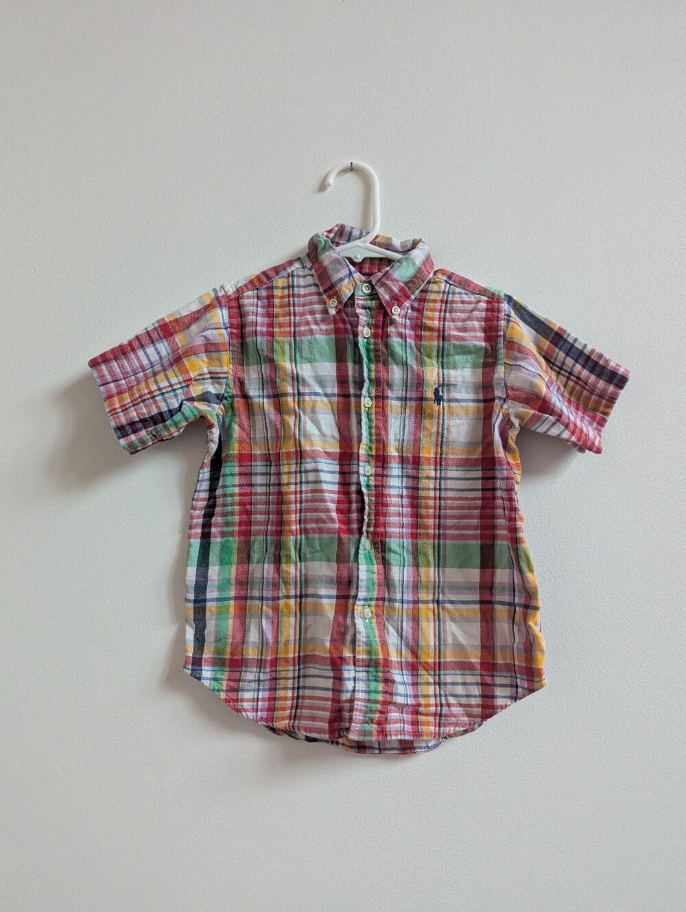 Ralph Lauren Button Down Shirt 4T Boys Short Sleeve Rainbow Plaid Pony Preppy